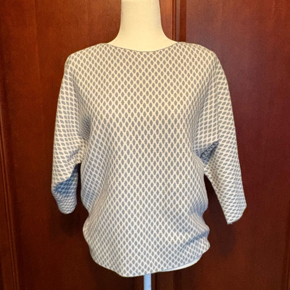 Sioni Cream and Light Blue Patterned Scoop Neck Sweater